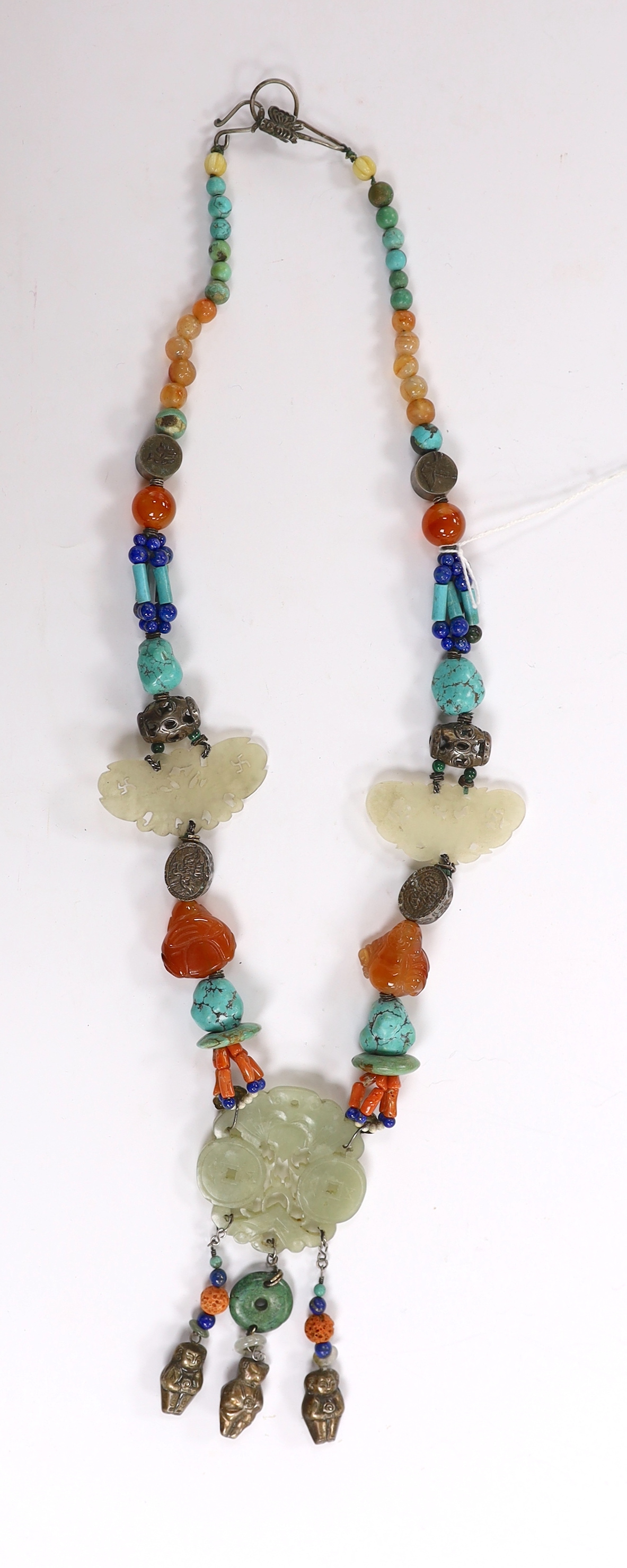 A Chinese jade and hardstone mounted necklace, in Kai Yin Lo style, including turquoise, coral and jade, 46cm long
